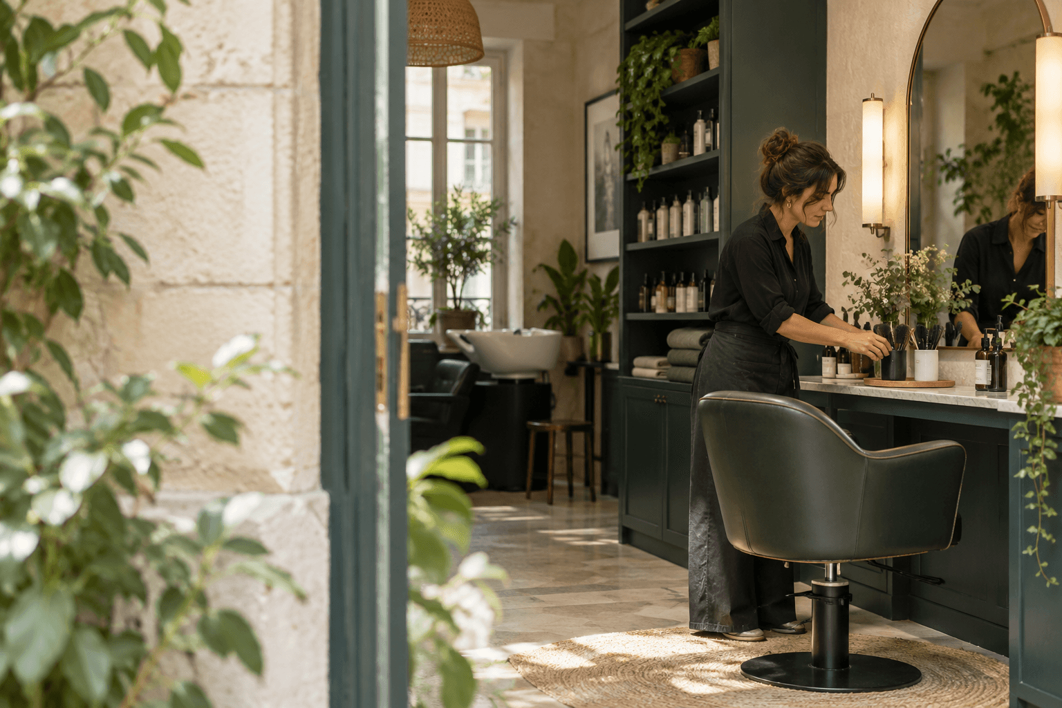 Scène illustrative générée : une professionnelle dans son salon de coiffure